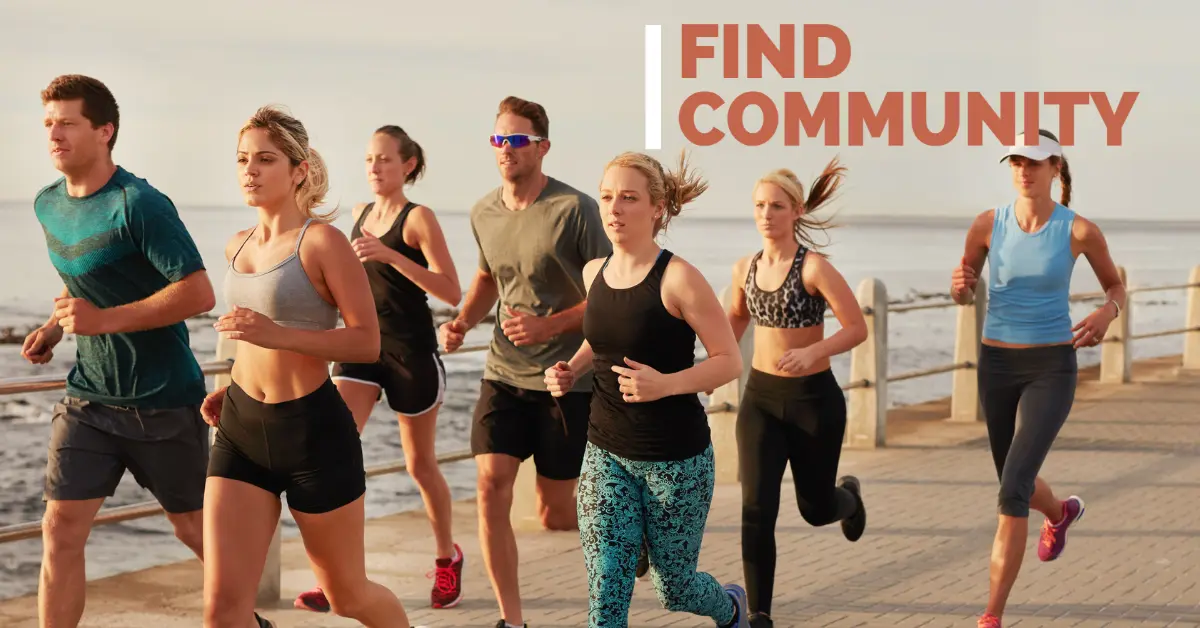 Group of people running on the waterfront, behind the text 'Find community'.